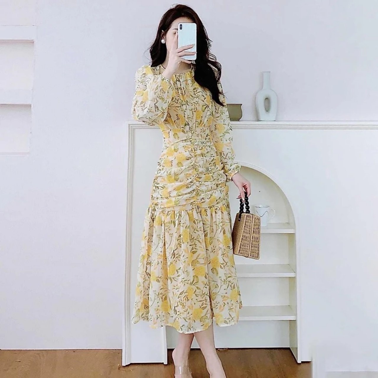 Đầm đuôi cá hoa chất voan tơ nhún ly xếp bồng dáng dài