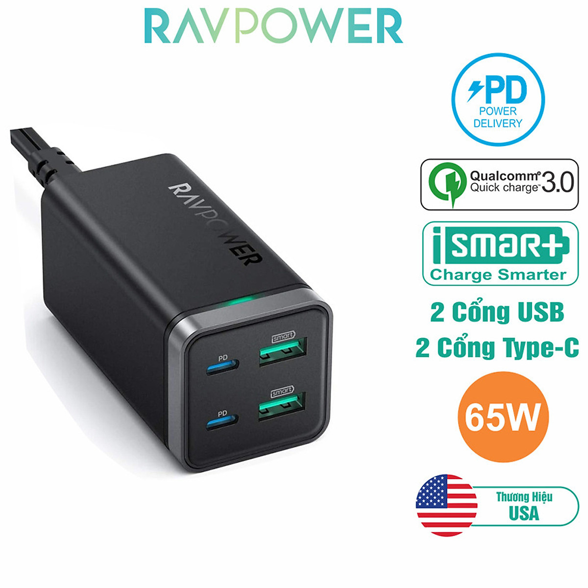 Củ sạc nhanh RAVPower RP-PC136 65W GaN Tech PD 3.0 QC 3.0