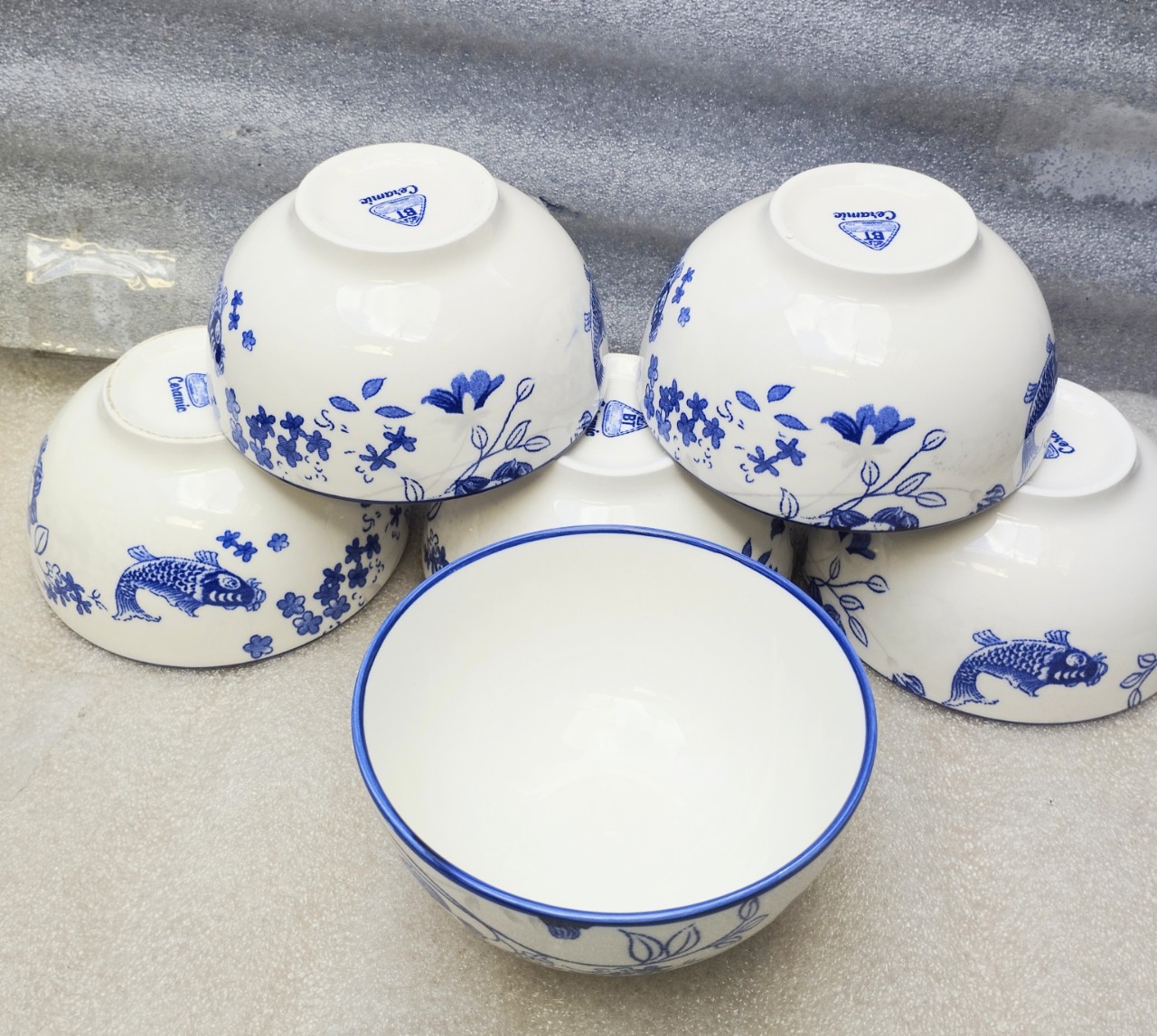 Combo 10 chén sứ , 5 chén cơm hoa văn lông vũ 11cm, chén cơm trắng 11cm, chén chấm trắng 8.5cm