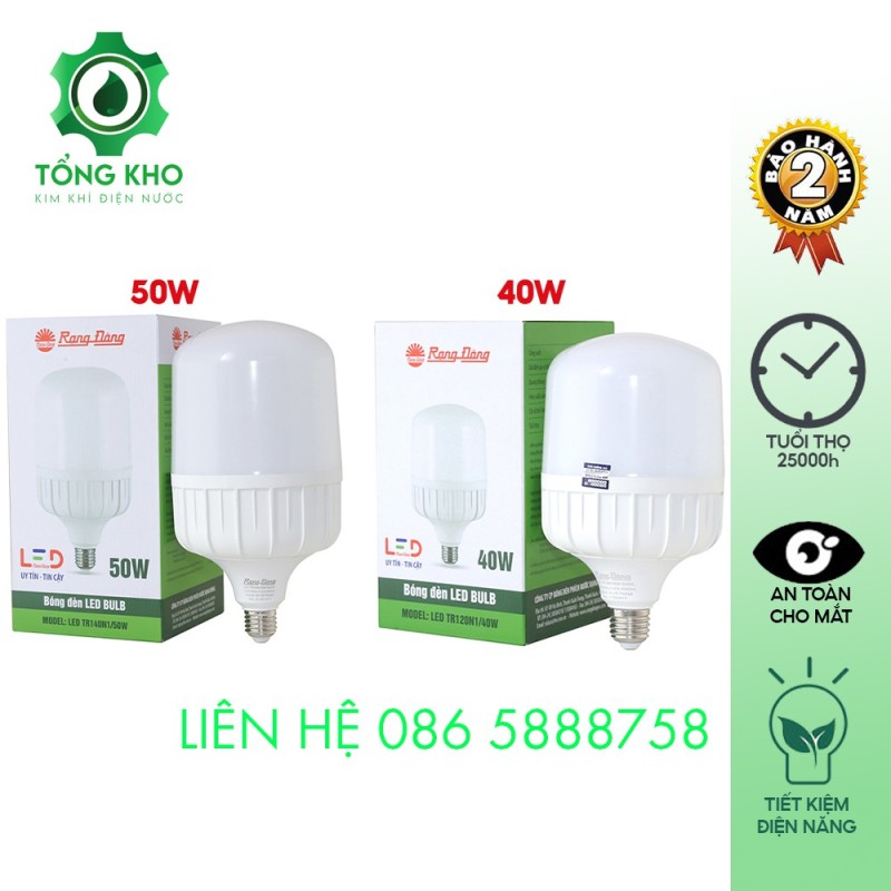 Bóng đèn LED Bulb trụ nhôm đúc Rạng Đông 50W, 40W - Tiết kiệm điện năng, tuổi thọ cao, độ tin cậy cao, không hạn chế số lần bật tắt, ánh sáng trung thực tự nhiên - Tổng kho kim khí điện nước