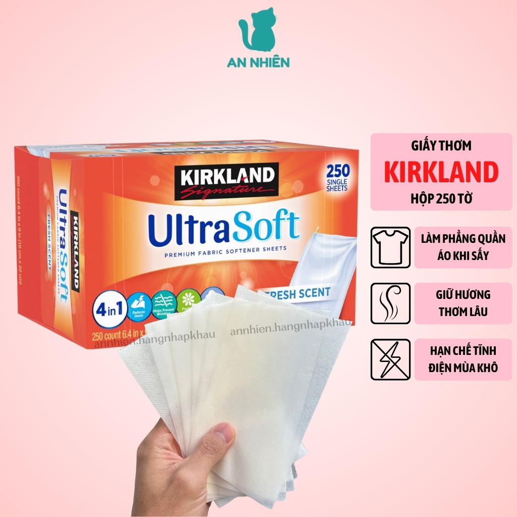 Giấy thơm quần áo Kirkland Ultra Soft hộp 250 tờ chống nhăn vải khi sấy, hạn chế tĩnh điện vào mùa khô
