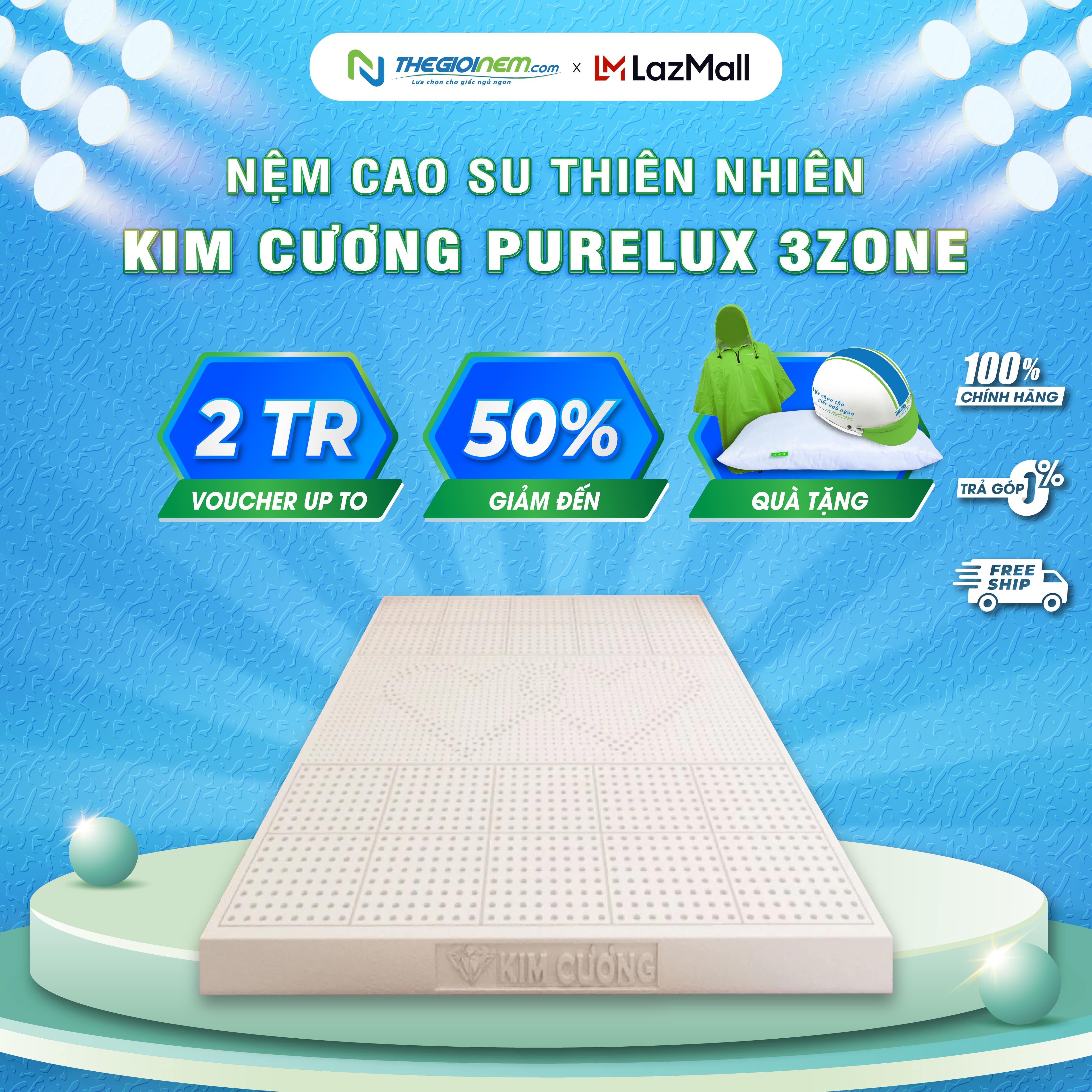 [Trả góp 0%] Nệm cao su thiên nhiên Kim Cương PURELUX - 3’Zone-Bảo hành 12 năm.