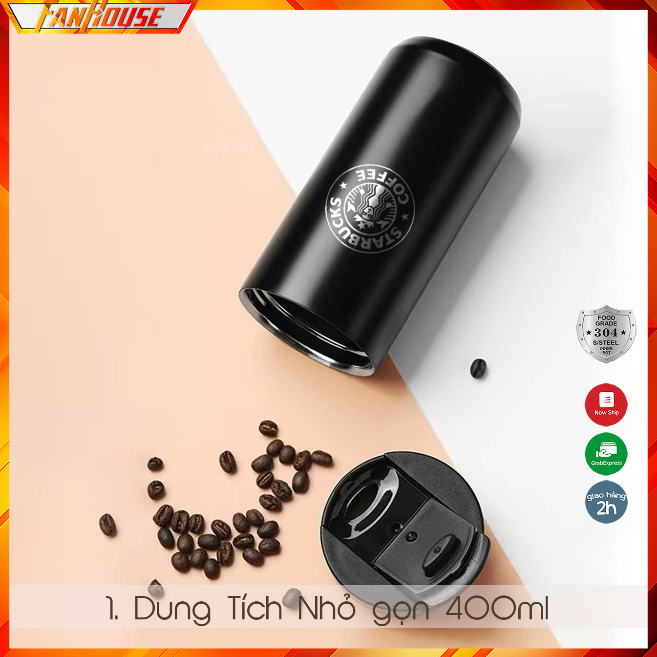 Cốc giữ nhiệt  400ml Fan House ly coffee Holic v2 inox 304, bình nước giữ nhiệt 12h khắc tên theo yêu cầu tặng que cọ