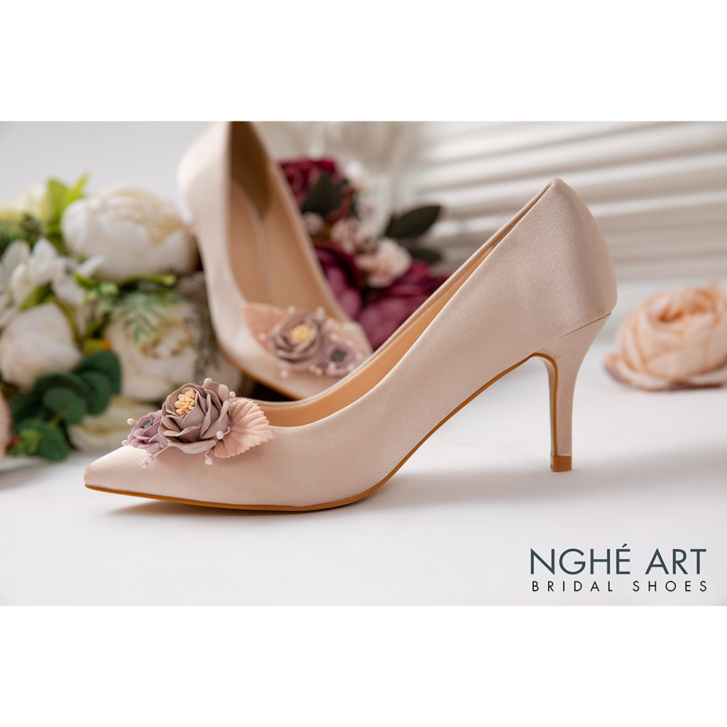 Giày cưới Nghé Art lụa satin hoa vinatge 354