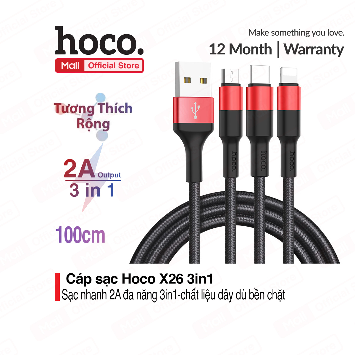 Cáp sạc 3in1 usb hoco x26 lightning/ micro-usb/ type-c vỏ hợp kim nhôm dòng tối đa 2a