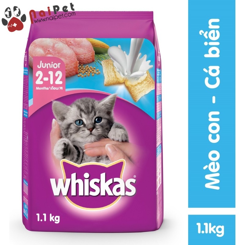 Thức Ăn Hạt Khô Cho Mèo Lớn Mèo Con Vị Cá Biển Cá Ngừ Cá Thu Và Sữa Whiskas 1.2kg
