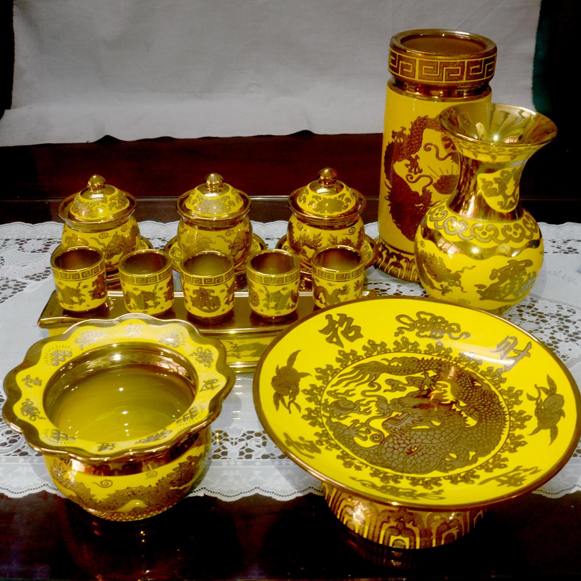 [HCM]Bộ 8 món đồ thờ cúng rồng vàng 3D