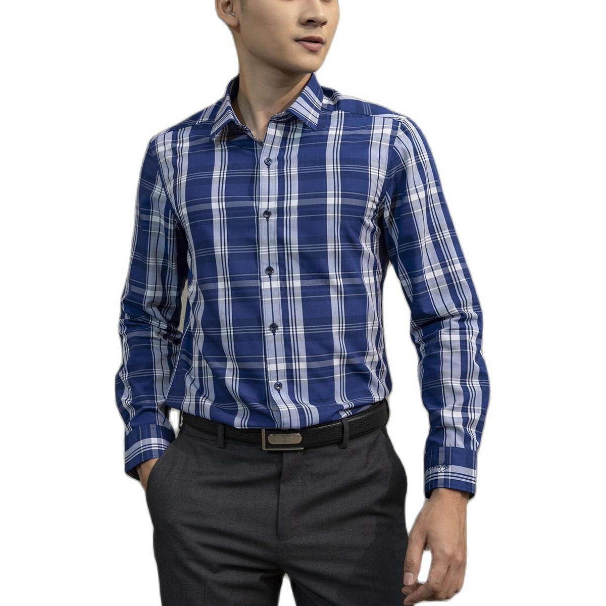 Áo sơ mi dài tay Aristino ALS02101 dáng Slim fit màu Xanh tím than kẻ trắng