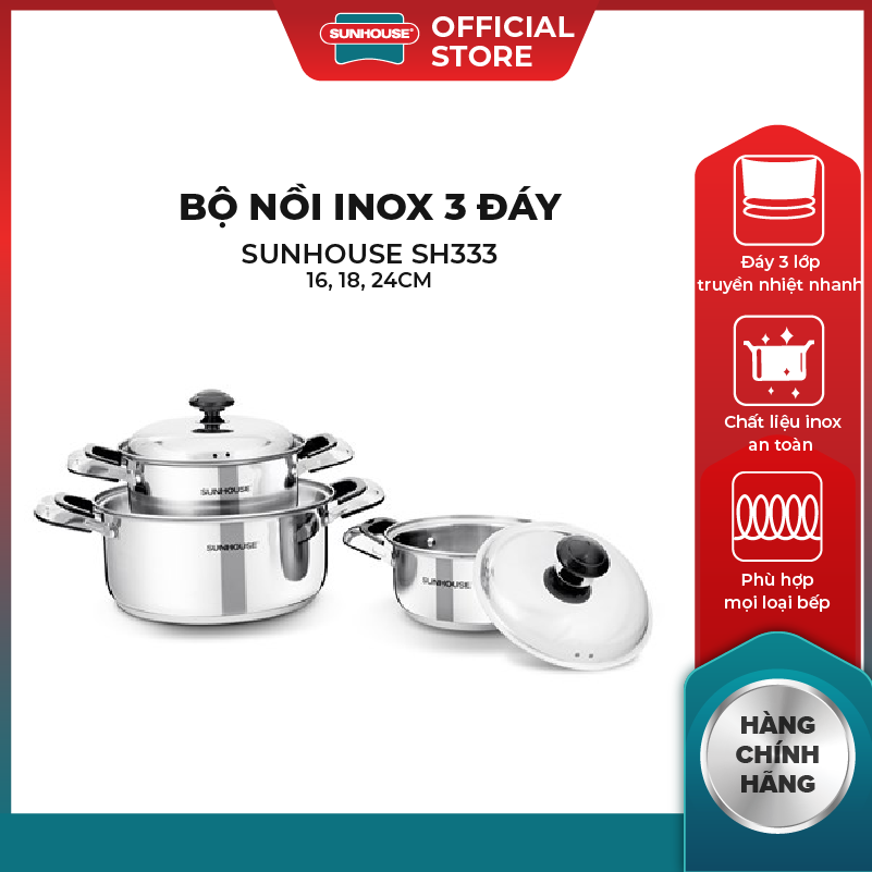Bộ 3 nồi inox sunhouse sh333 phi 16-18-24cm
