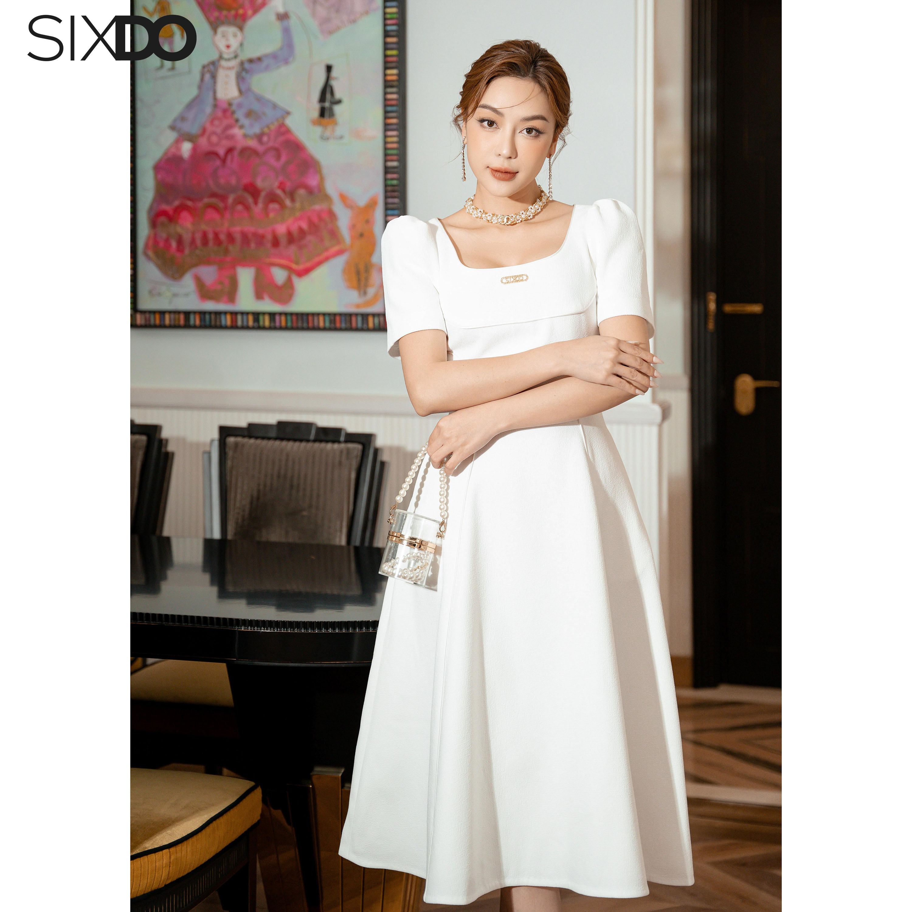 Đầm trắng cổ U dáng xòe SIXDO (White U-neckline Midi Woven Dress)