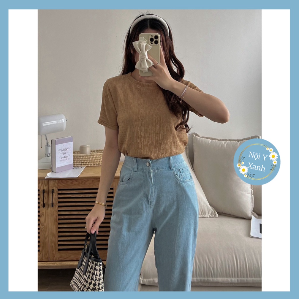 Áo xốp nhăn cổ tròn cộc tay baby tee Áo thun cộc tay nữ form vừa nội y xanh - babdydoll dáng dài
