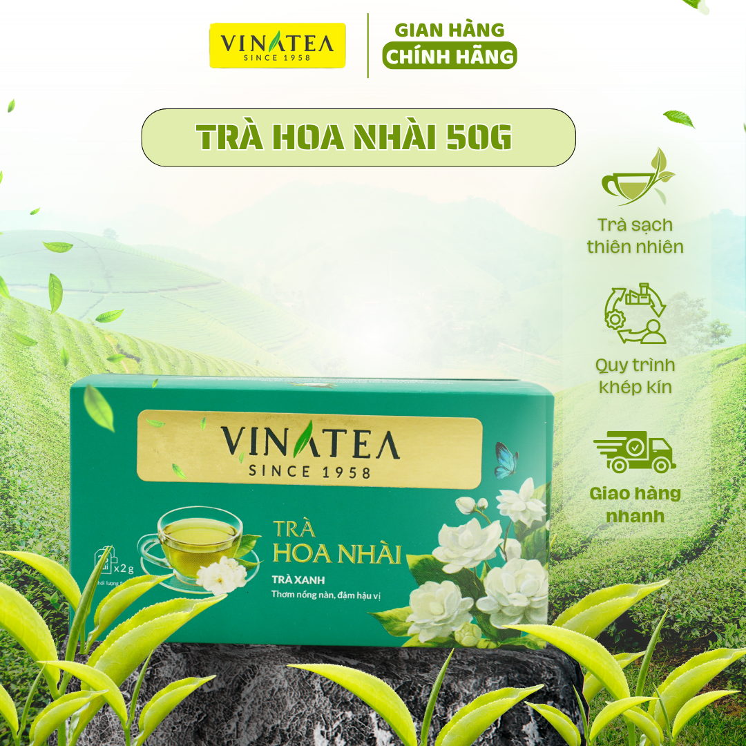 Trà Nhài khối lượng 50g, trà túi lọc hộp 25 túi ướp nhài tự nhiên vị thanh mát dịu ngọt, trà Vinatea