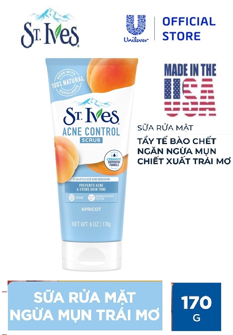Rửa mặt tẩy da chết dạng hạt St. Ives Acne Control Apricot Scrub - 170g.