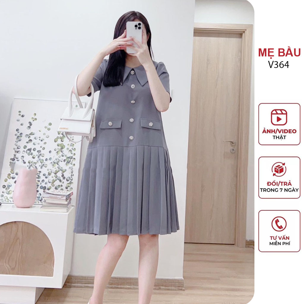 Đầm váy bầu công sở cổ sen dáng suông đuôi cá xếp ly - váy freesize cho mẹ bầu và người béo mập