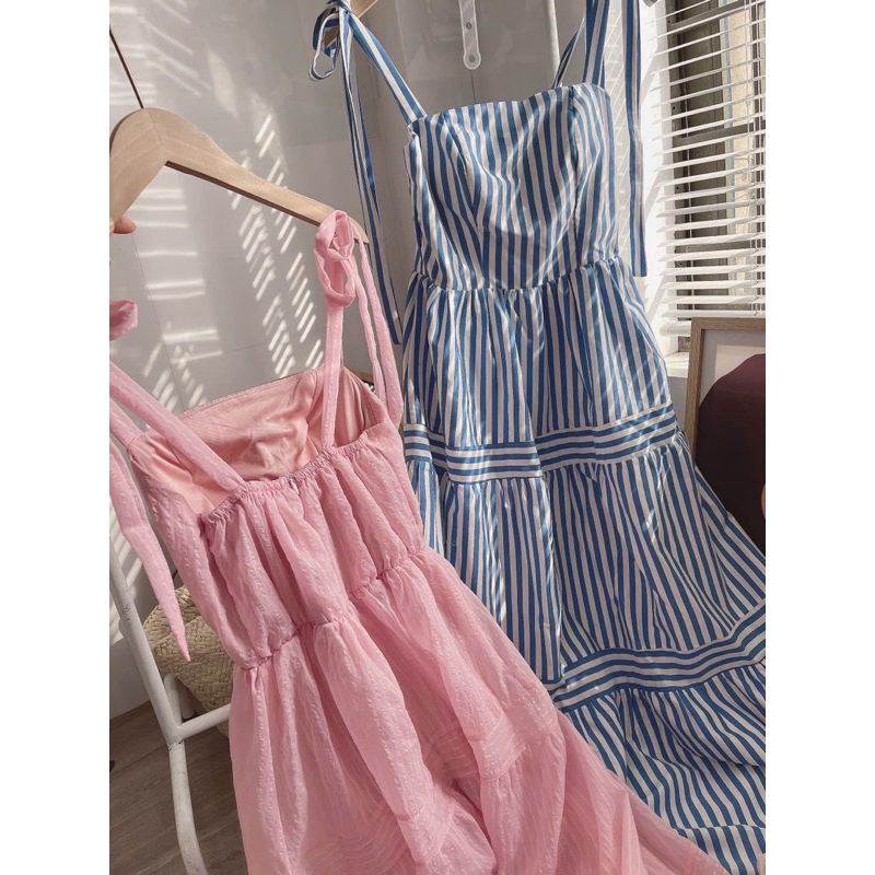 Đầm maxi kẻ sọc 2 dây cột nơ vai