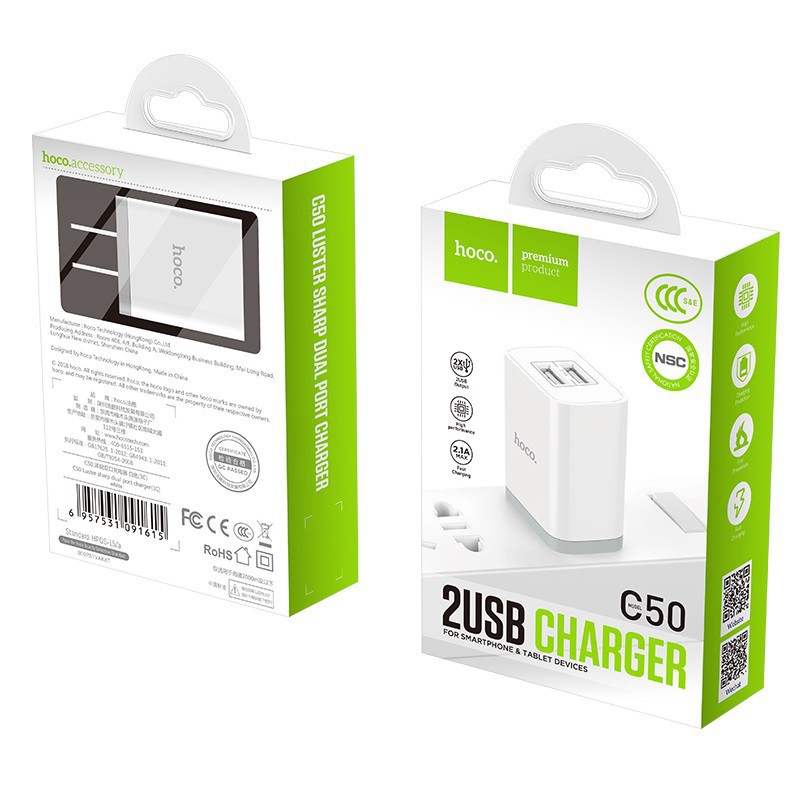 Củ sạc Hoco c50 2 cổng USB, hỗ trợ sạc nhanh 2.1A.