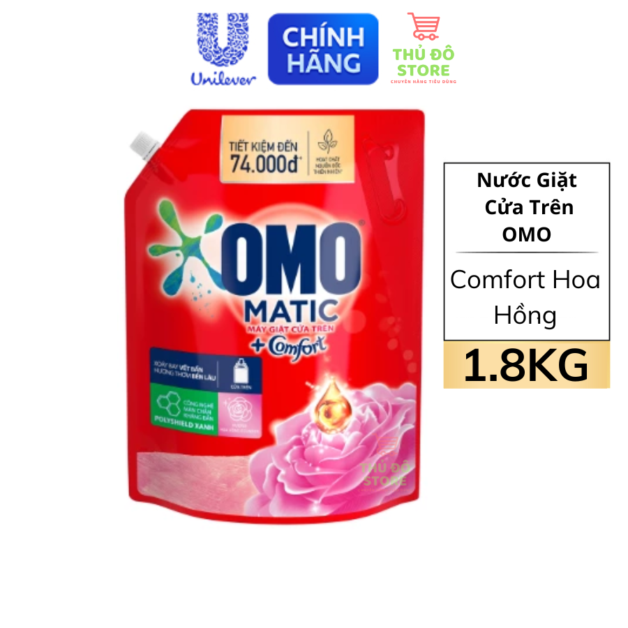 Nước giặt omo matic cửa trên comfort tinh dầu thơm hoa hồng - túi 1.8kg