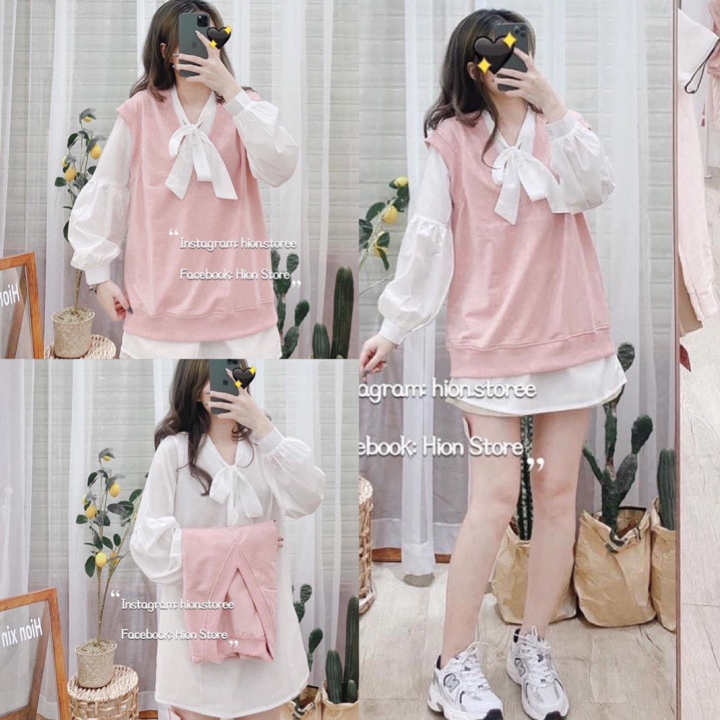 Sét áo sơ mi trắng kèm áo gile hồng, sét đầm sơ mi cổ nơ, áo sơ mi nữ from rộng tay bồng unisex áo sơ mi lụa kèm áo gile, áo gile nữ, sơ mi công sở, áo sơ mi hàn quốc ulzzang, LEVERMART