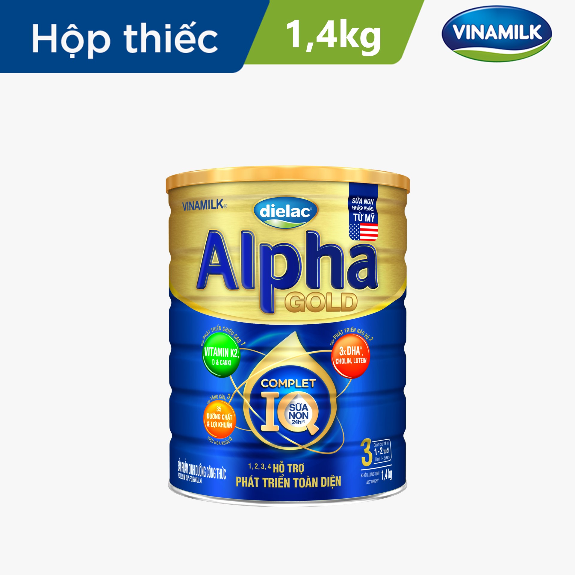 Sữa bột Vinamilk Dielac Alpha Gold 3 - Hộp thiếc 1400g (cho trẻ từ 1 - 2 tuổi) - Sữa công thức hỗ trợ phát triển trí não của trẻ, tăng cân, chiều cao