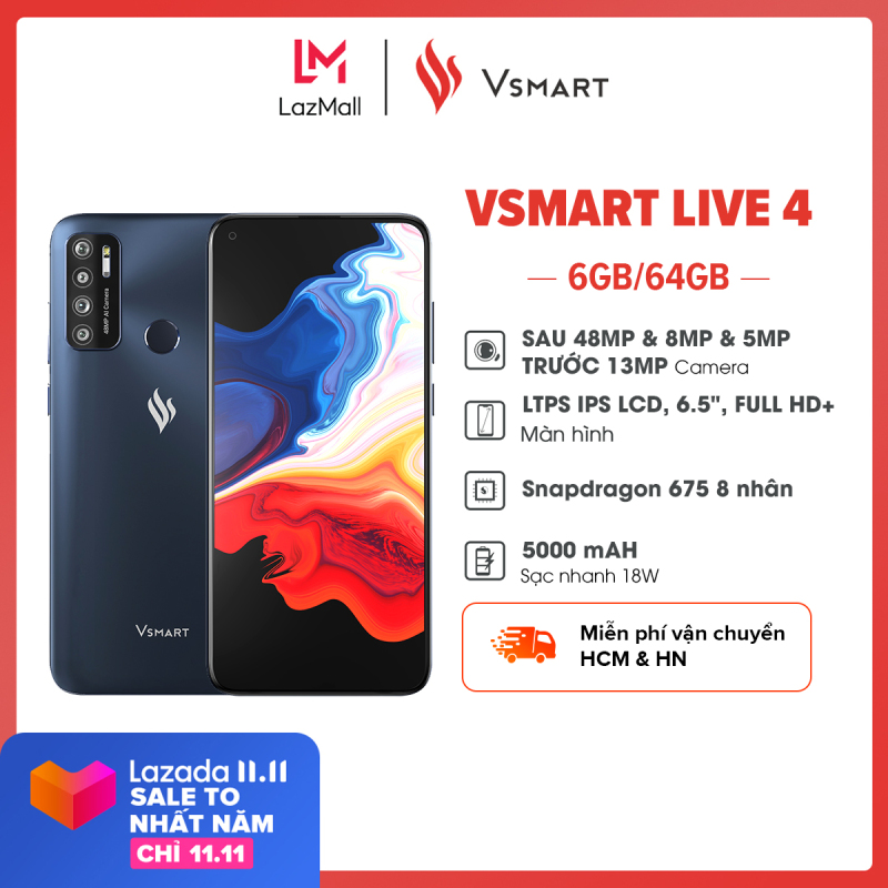 [SIÊU SALE 11.11] Điện thoại Vsmart Live 4 (6GB/64GB) - Chip Snapdragon 675 8 nhân Pin 5,000mAH Sạc nhanh 18W Cổng USB Type C Màn hình Full HD+