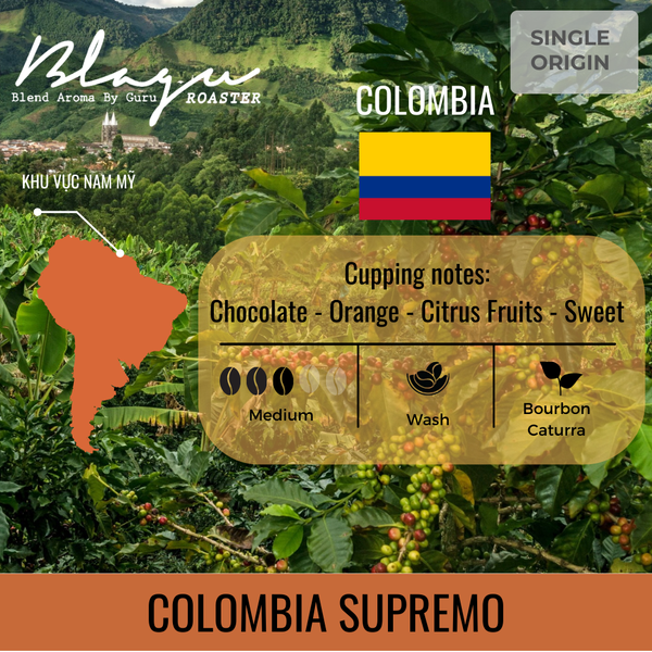 Cà Phê Blagu Hạt Đã Rang, Colombia Supremo - 100% Arabica - Typica - Medium Roast - 250g