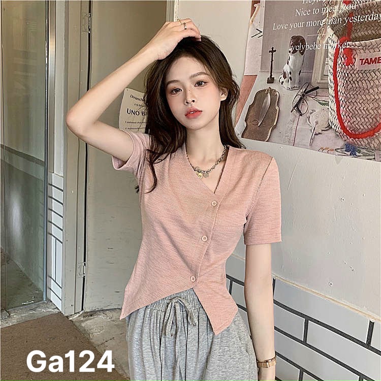 Áo thun nữ kiểu gân phối nút lệch Ga124