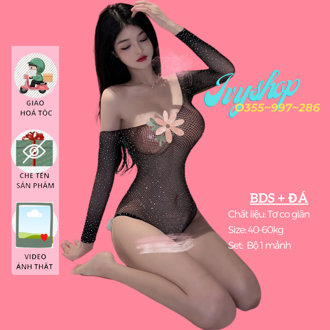 Bodysuit nữ lưới đính đá sexy siêu co giãn freesize bigsize - Ivyshop BDS + đá