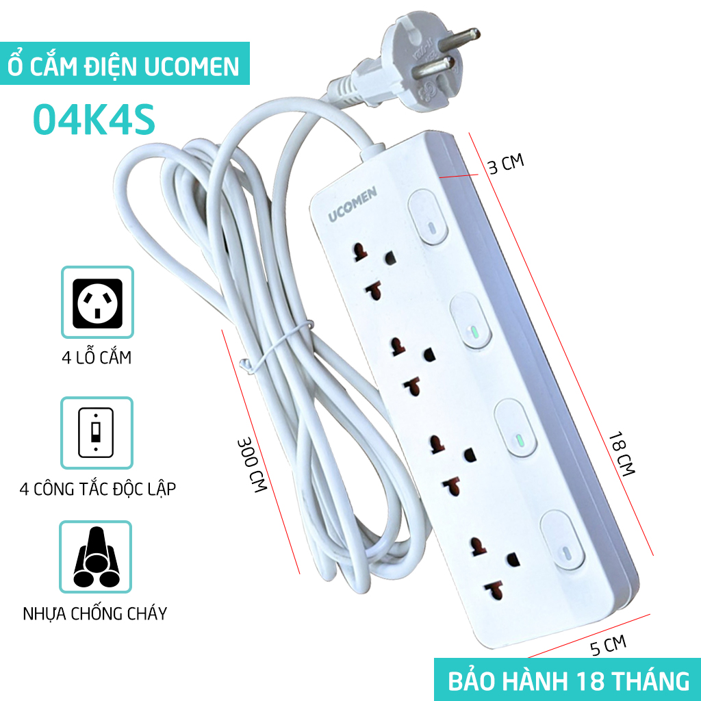 Ổ cắm điện an toàn Ucomen 04K4S 4 công tắc độc lập