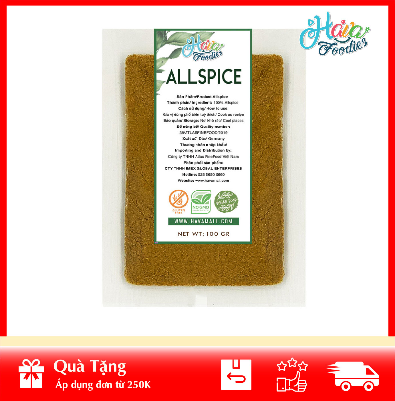 [HOÀN TIỀN MAX 10%][ HÀNG CÔNG TY NHẬP KHẨU ]  Tiêu Bột Jamaica Thương Hiệu Hava Foodies Gói 100g – Allspice Ground