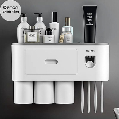 Khay nhà tắm đa năng - Giá treo đồ 4 cốc từ tính kèm nhả kem tự động Oenon - kệ để đồ phòng tắm chất liệu nhựa cao cấp chống thấm nước, thiết kế dán tường siêu chắc (Có miếng dán đi kèm)