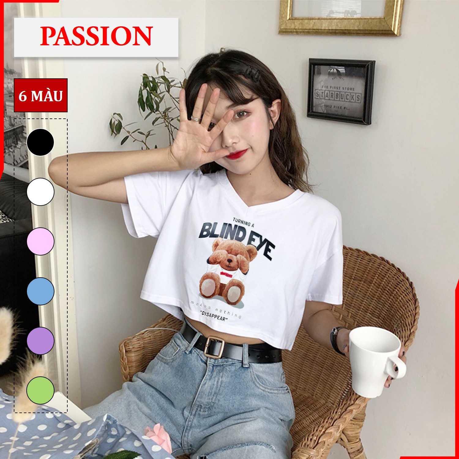 Áo thun croptop form rộng cổ tim in hình con gấu, kiểu dáng Ulzzang, croptop phom rộng cổ chữ V