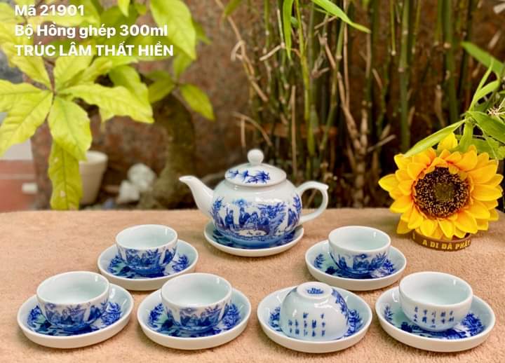 Bộ ấm chén men lam cổ Bát Tràng