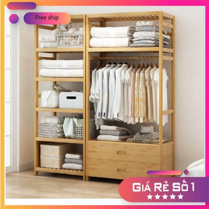[SIÊU BỀN] Tủ quần áo gỗ tre dài 70m kèm kệ gỗ để quần áo, tủ quần áo gỗ công nghiệp TURR073.68
