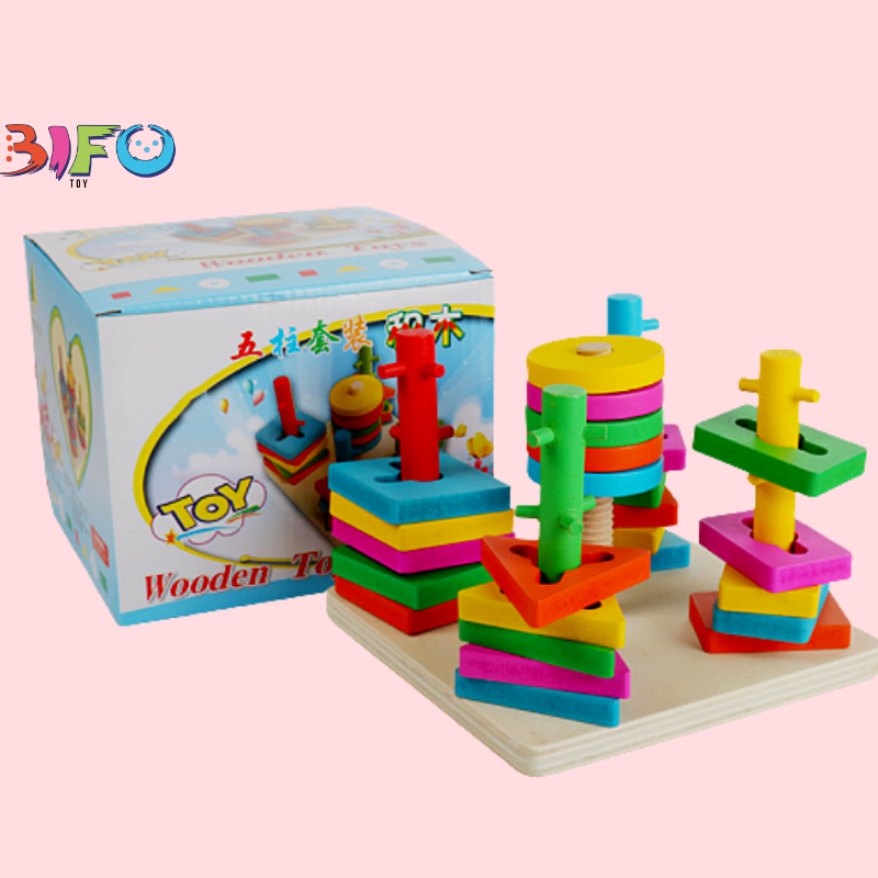 Đồ chơi Montessori luồn cọc thả hình khối 5 trụ đa dạng cho bé luyện kĩ năng tay khéo léo, học hình khối và màu sắc