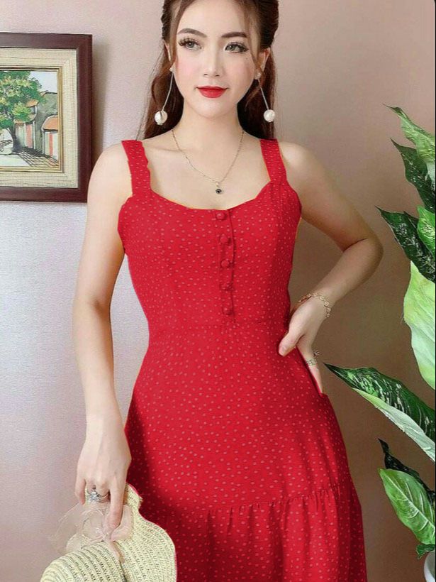 Đầm maxi chấm bi hai dây kết nút nhiều màu