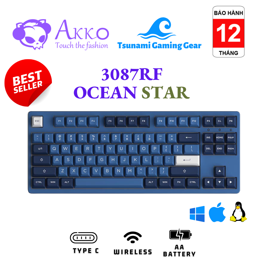 Bàn phím cơ không dây akko 3087 rf ocean star | wireless 2.4 ghz | usb type c