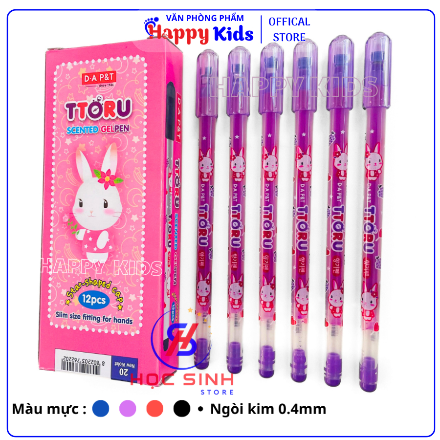 Hộp 12 Cây Bút Gel TTORU Hàn Quốc (Mực Xanh, Tím, Đỏ, Đen) - VPP Happy Kids