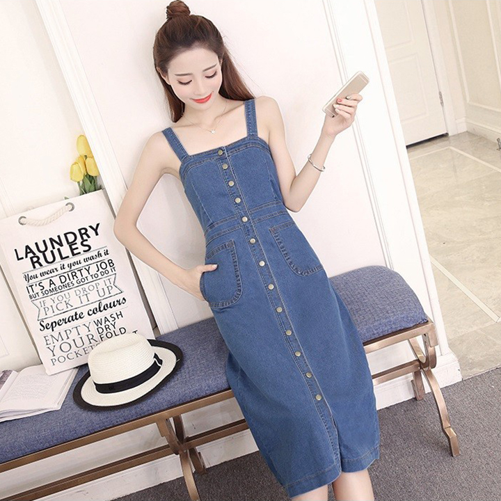 [HCM]Đầm Yếm Jean Nữ Form Dài Nút Cài Dọc