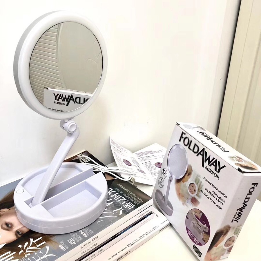 Gương Soi Trang Điểm Để Bàn, Gương Trang Điểm Để Bàn Gấp Gọn Có Đèn LED Màu Trắng Kết Nối USB Và Pin AA