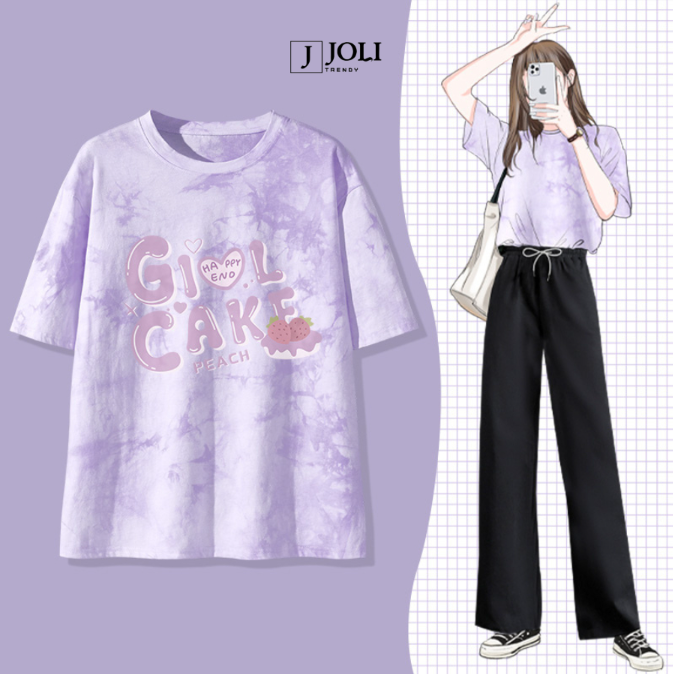 Áo Thun Loang, Áo Phông Nam Nữ Unisex Tay Lỡ By JOLI BST Màu Tím In Hình Chất Cotton Form Rộng