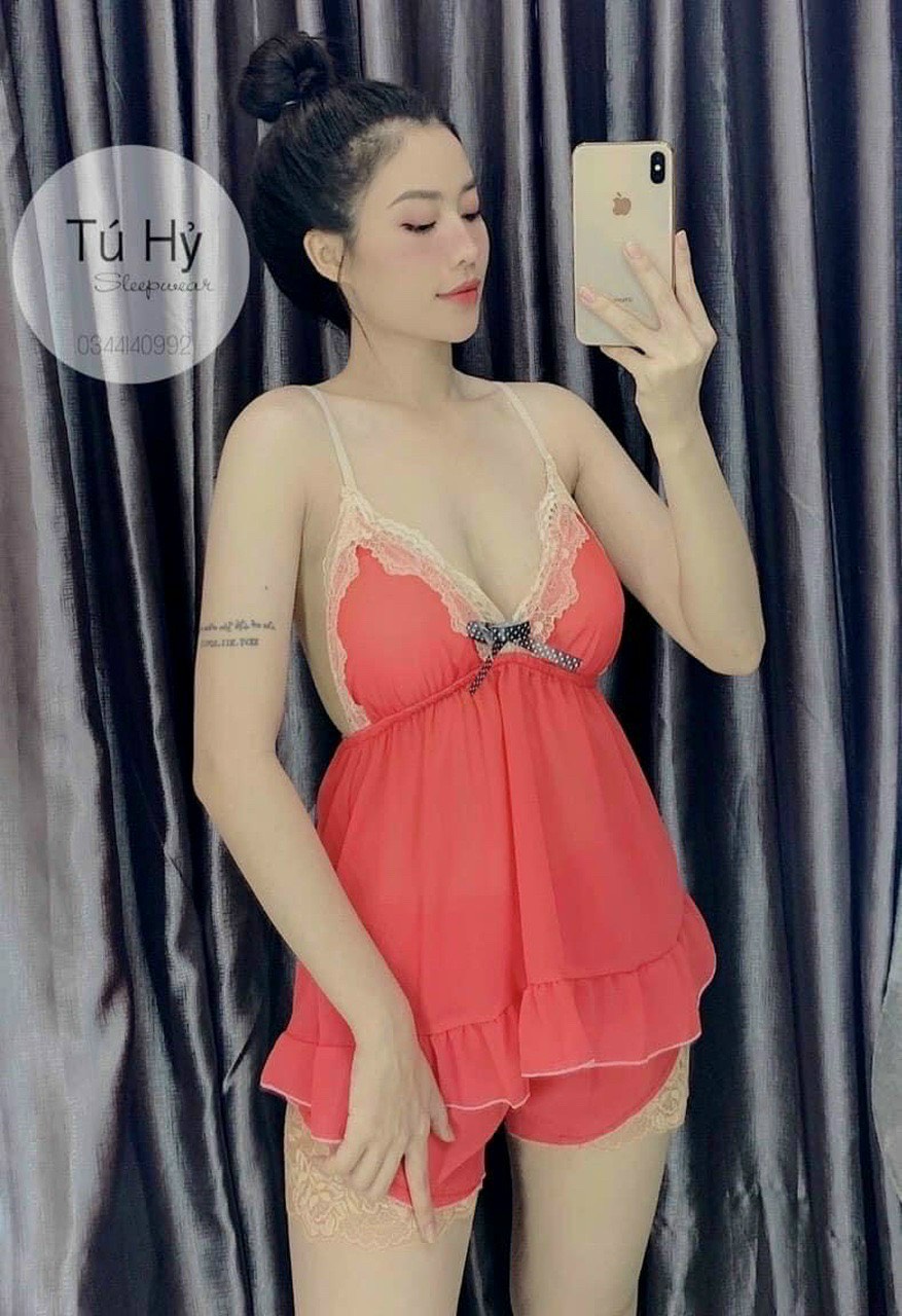SÉT BỘ NGỦ VOAN LỤA SEXY PHỐI REN - CÓ MÚT NGỰC