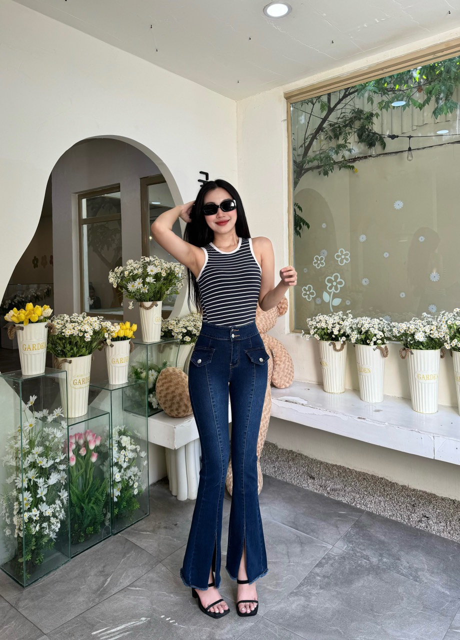 quần jeans nữ ống loe dài thêu túi sau thời trang lưng cao co giãn