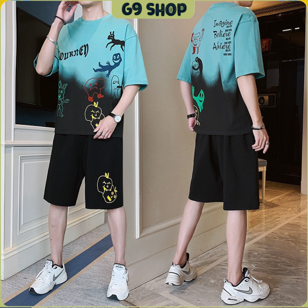 Set Đồ Bộ Quần Áo Thun Nam Thời Trang Basi Jouney Loang Đồ Thể Thao Mặc Nhà Đi Chơi Tập Gym, Bộ Đùi Hè Màu Xanh ,Trắng G9_SHOP