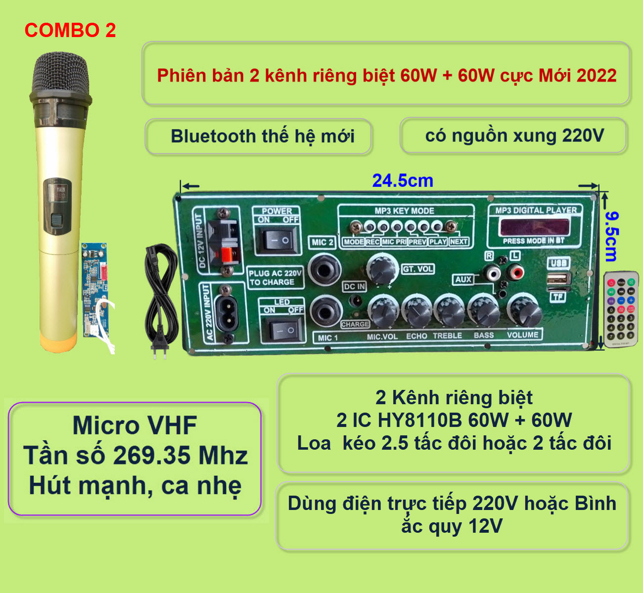 Mạch loa kéo 2 kênh riêng biệt 2 IC HY8110B 60W + 60W có nguồn xung 220V – Bluetooth thế hệ mới kèm micro đơn