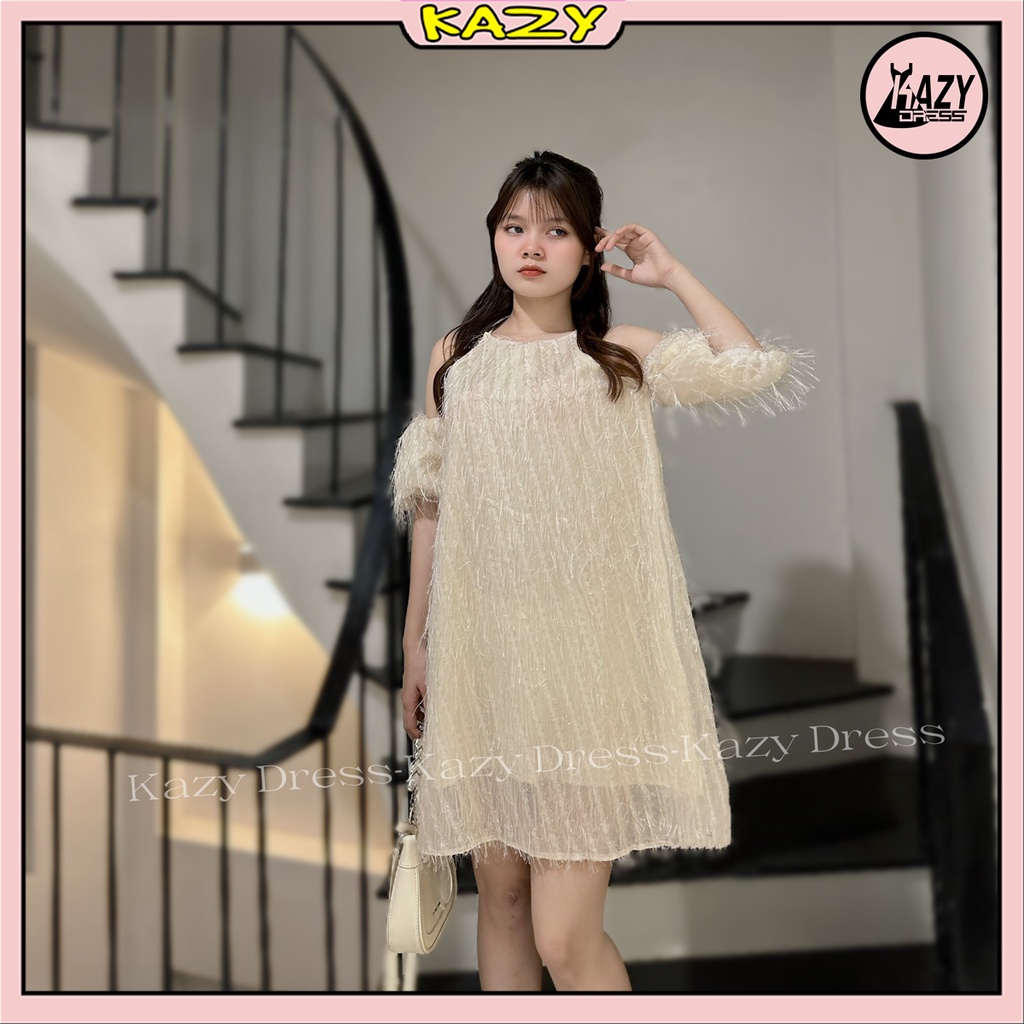 HOÀN TIỀN 15% - Váy cổ yếm trễ vai tơ lông mềm mịn phong cách tiểu thư KAZY DRESS V047