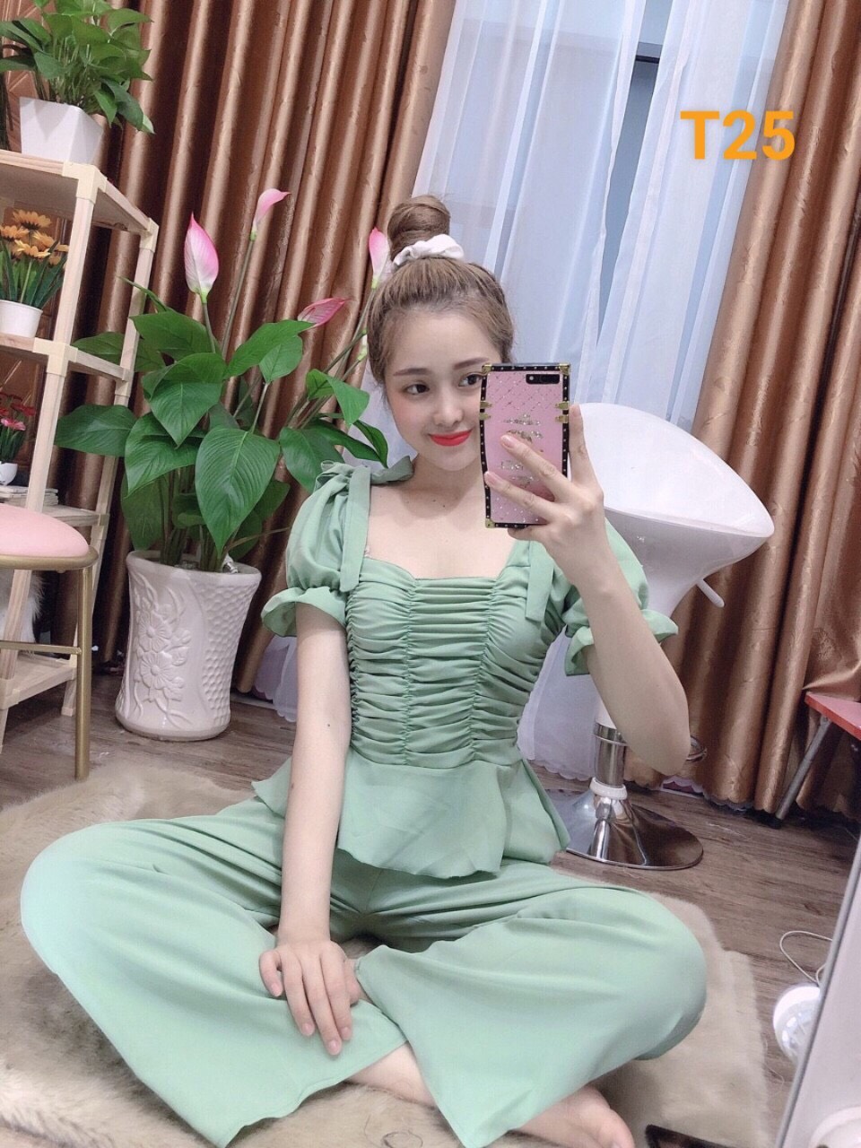Sét Bộ Voan Dài Hot Trend Thân Nhún Nơ Vai Quần Ống Rộng Dễ Thương TTSA06