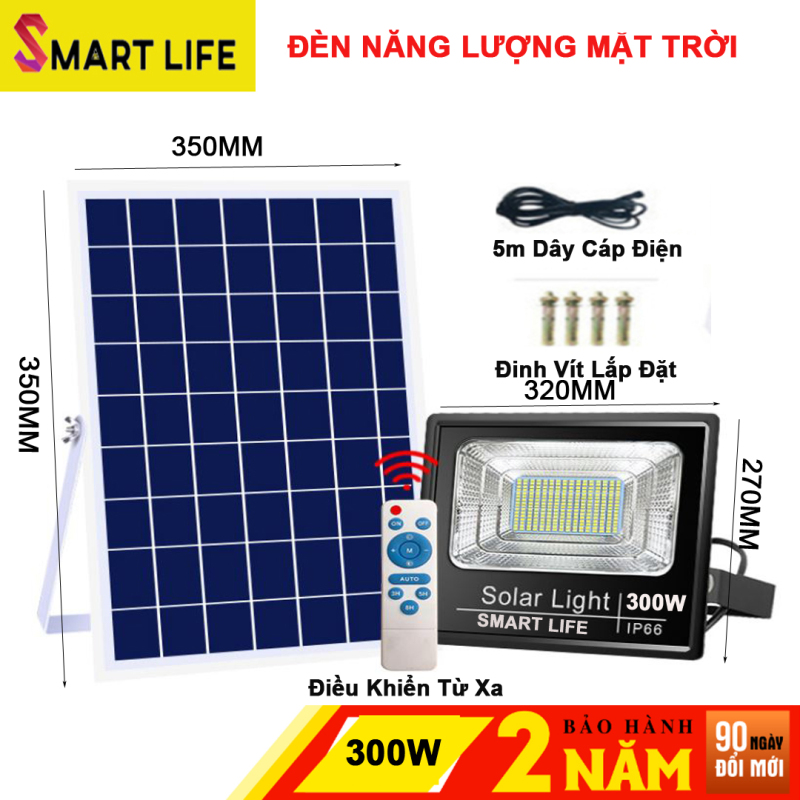 Đèn LED Năng Lượng Mặt Trời 300w SMART LIFE Cảm Biến Ánh Sáng tự động bật sáng khi trời tối, và tắt đèn khi trời sáng