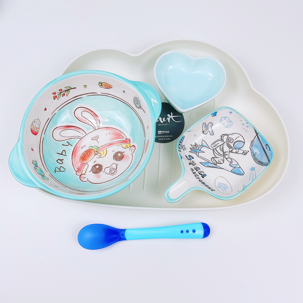 Set bát ăn dặm combo bát sứ ăn dặm nhiều hình ngộ nghĩnh tặng thìa báo nóng đồ dùng ăn dặm đáng yêu cho bé