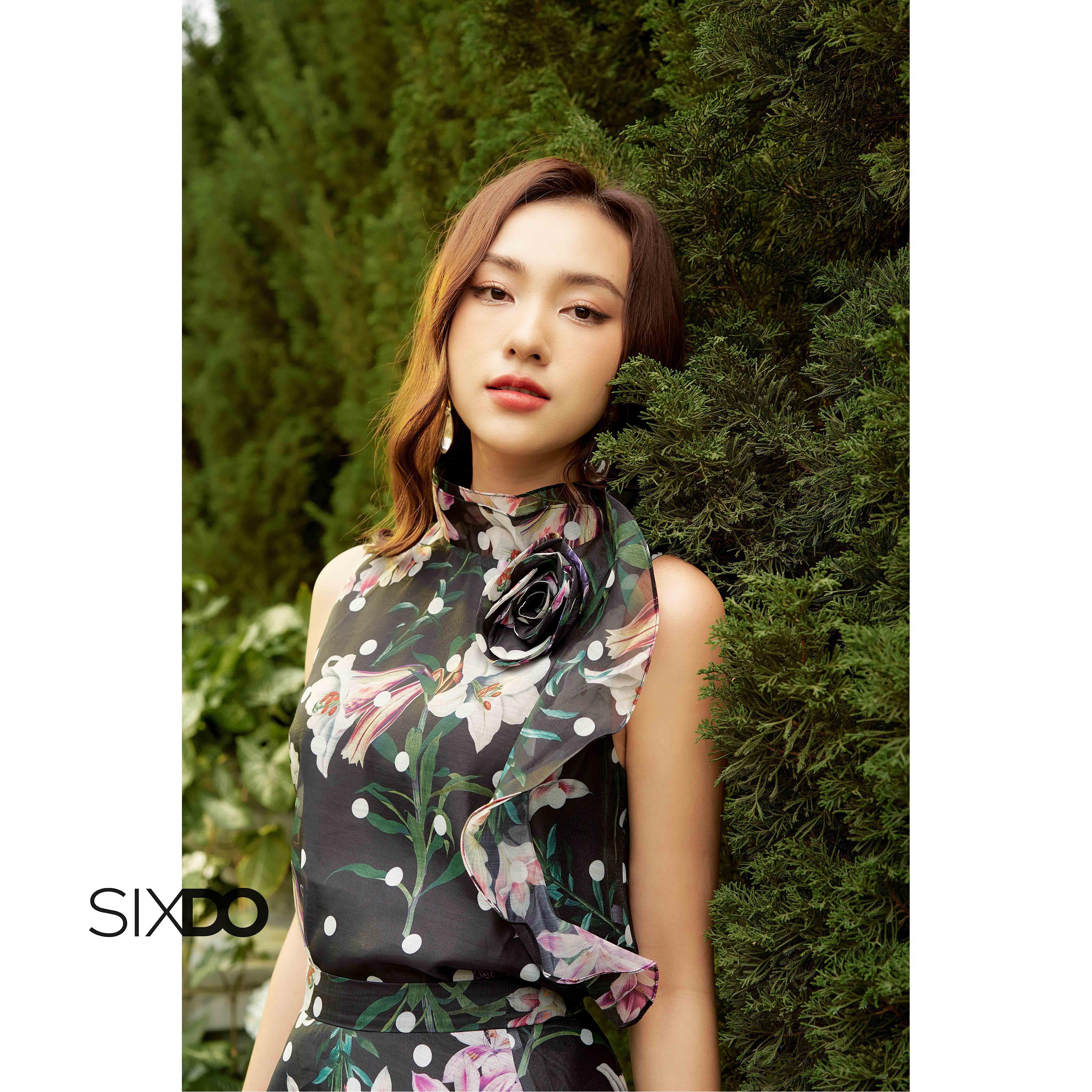 Chân váy tơ midi dáng xòe hoa SIXDO (Black Lily Midi Skirt)