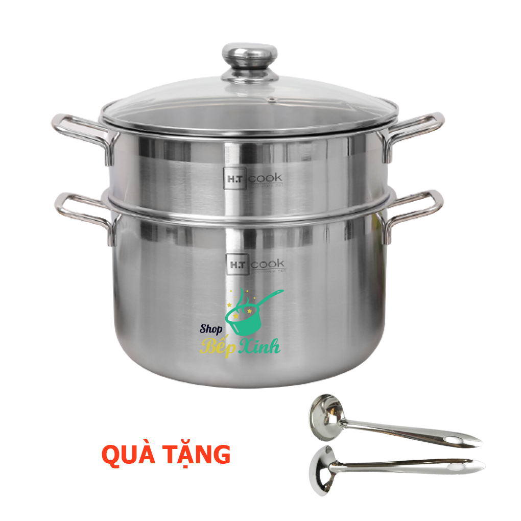 Bộ nồi xửng hấp HT Cook inox 430 , 1 đáy , nắp kính , tương thích mọi bếp như bếp từ , hồng ngoại tặng 1 muỗng canh ( 28cm / 30cm)